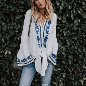 VICI Tea Shop Tie Top White and Blue Embroidered